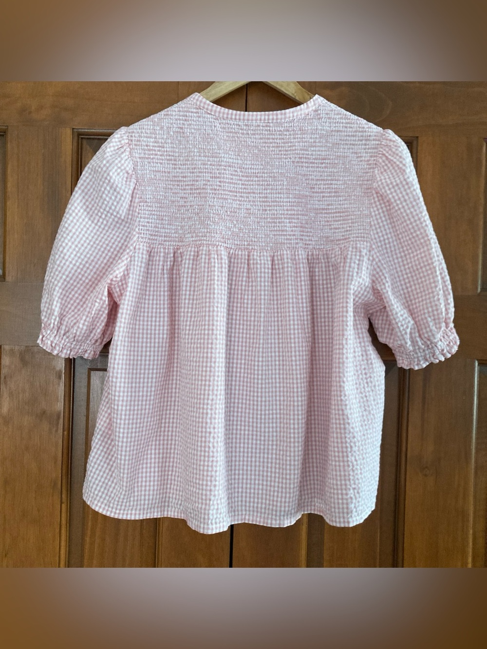 Boden Pink Gingham Smocked Puff Sleeve Blouse - Picture 2 of 6